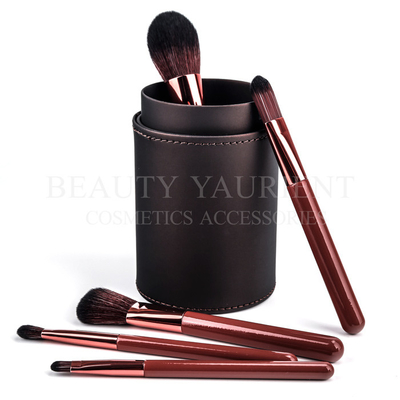 Brown Wooden Handle Makeup Brushes 5 Piece Makeup Brush Set With Pu Cylinder